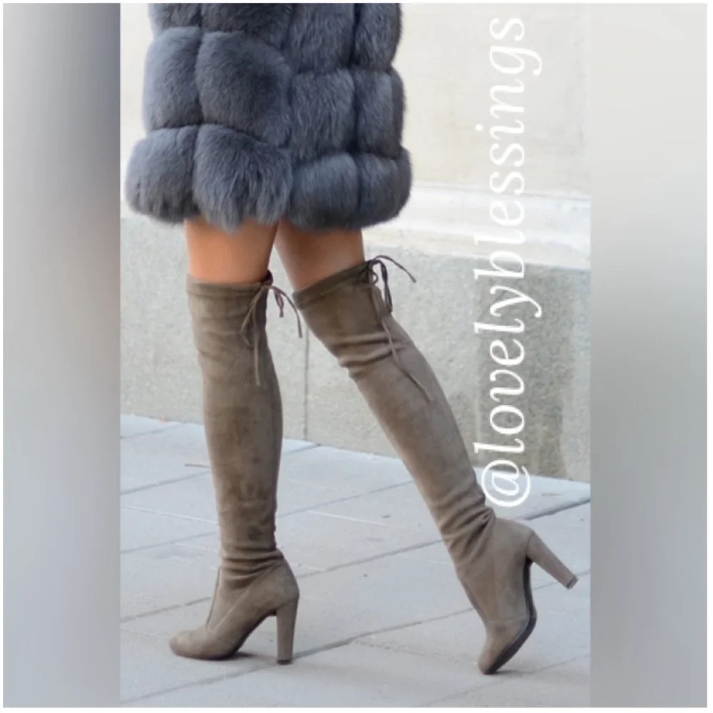 Sexy Thigh High Boots Chunky Heel Over Knee Suede Tie Brown Almond Toe Size 8.5